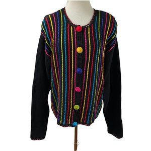 Vintage Black Embroidered Multicolor Stripe Black Ramie Cotton Cardigan